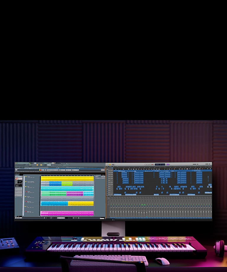 Muusikaproduktsiooni seadistus LG UltraWide monitoriga, mis kuvab kihilisi heliribasid ja projekti täielikku ajajoont.