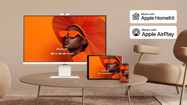 Sama ekraani jagatakse LG nutimonitori, sülearvuti, tahvelarvuti ja nutitelefoni vahel AirPlay 2 ja Screen Share’i abil.	