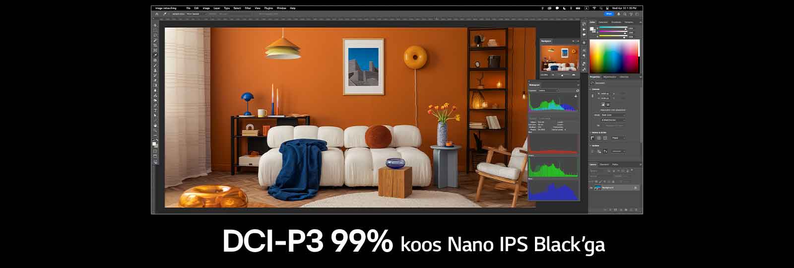 Täissuuruses ekraanipilt koos kujundusprogrammiga, mis kuvab erksaid värve.