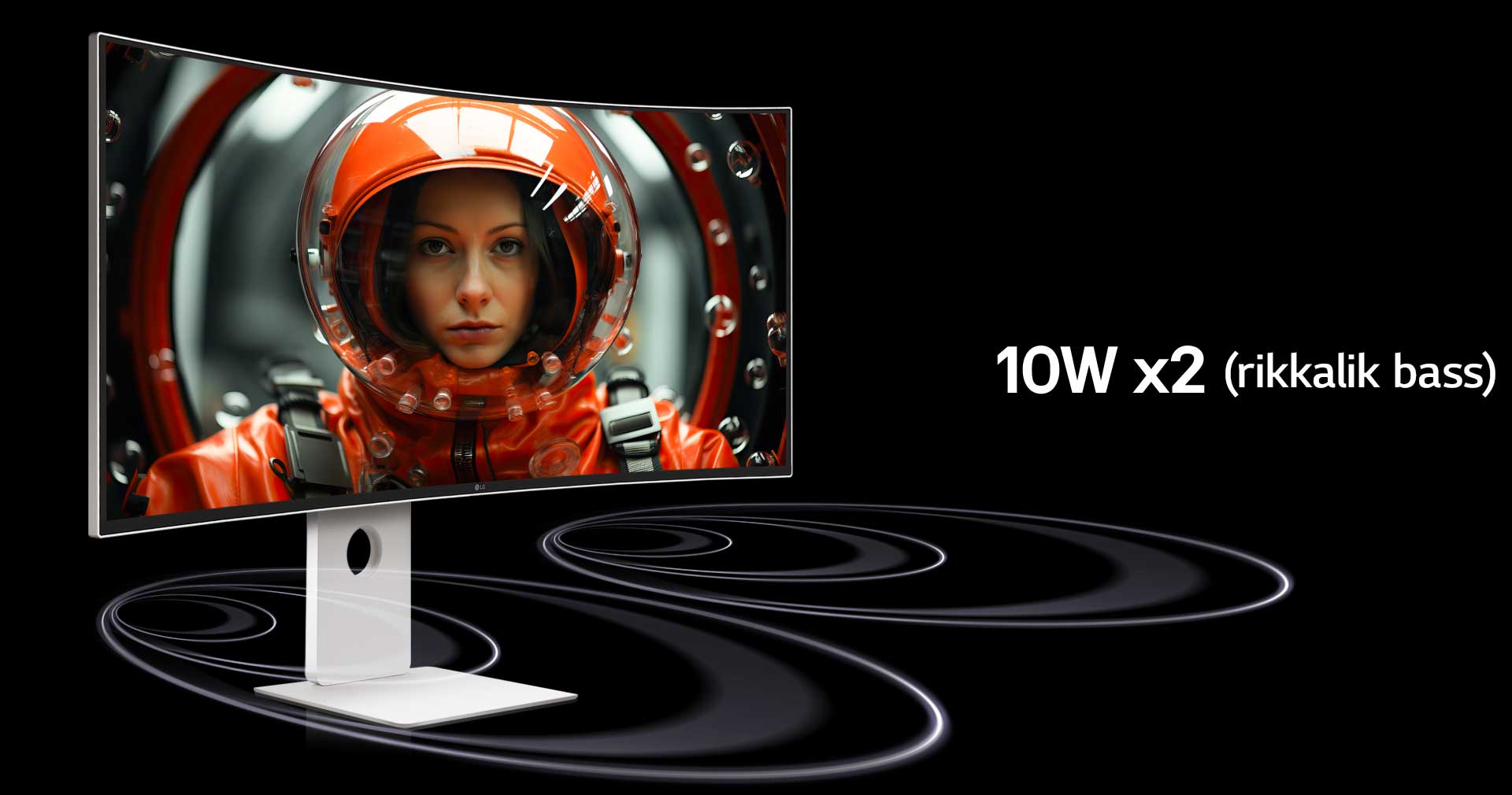 UltraFine monitor asetatakse virtuaalsesse ruumi, kus helilained tulevad monitori alumisest osast ja liiguvad edasi. Ekraanil on punases skafandris naine näoga ettepoole suunatud.