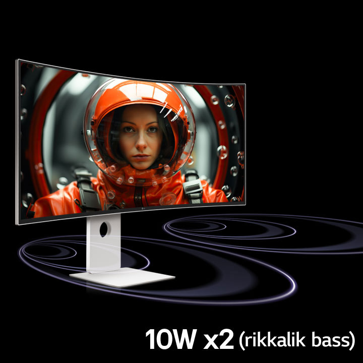 UltraFine monitor asetatakse virtuaalsesse ruumi, kus helilained tulevad monitori alumisest osast ja liiguvad edasi. Ekraanil on punases skafandris naine näoga ettepoole suunatud.