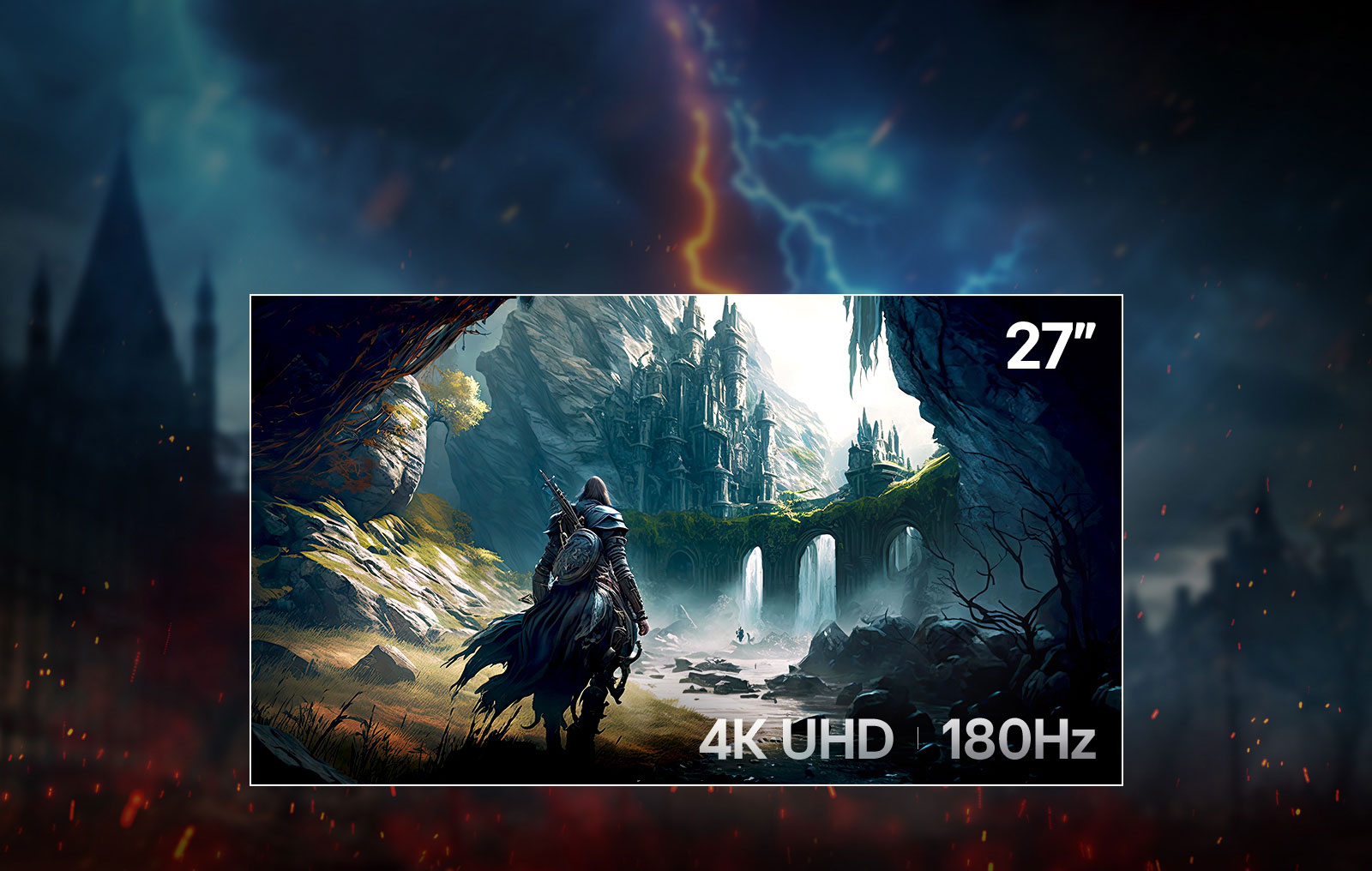 LG UltraGear™ 27G810A kangelase reklaamplakat: fantaasiast pärit sõdalane hobuse seljas läheneb päikesepaistelistele varemetele, mida raamib tume mets. Pealkiri kõlab „Domineeri ideaalse suurusega“, millele järgneb sisutekst 4K selguse ja kaherežiimilise kiiruse kohta. Nurgas olev ülekate loetleb peamised tehnilised andmed: „27″ | 4K UHD | 180 Hz.”	