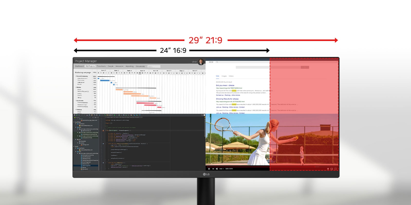 Ülilai 29-tolline LG monitor, mis illustreerib 21:9 ja 16:9 kuvasuhete erinevust, kusjuures mitu rakendust kuvatakse multitegumtöö tegemiseks.