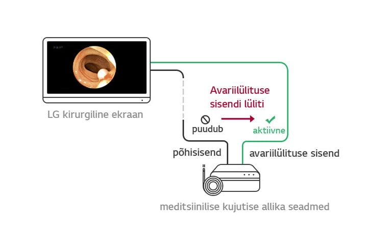 Avariilülituse sisendi lüliti : Kui põhiallikas puudub, lülitub ekraan automaatselt avariilülituse allikale ja taastab peamise allika, kui signaal on tagasi.