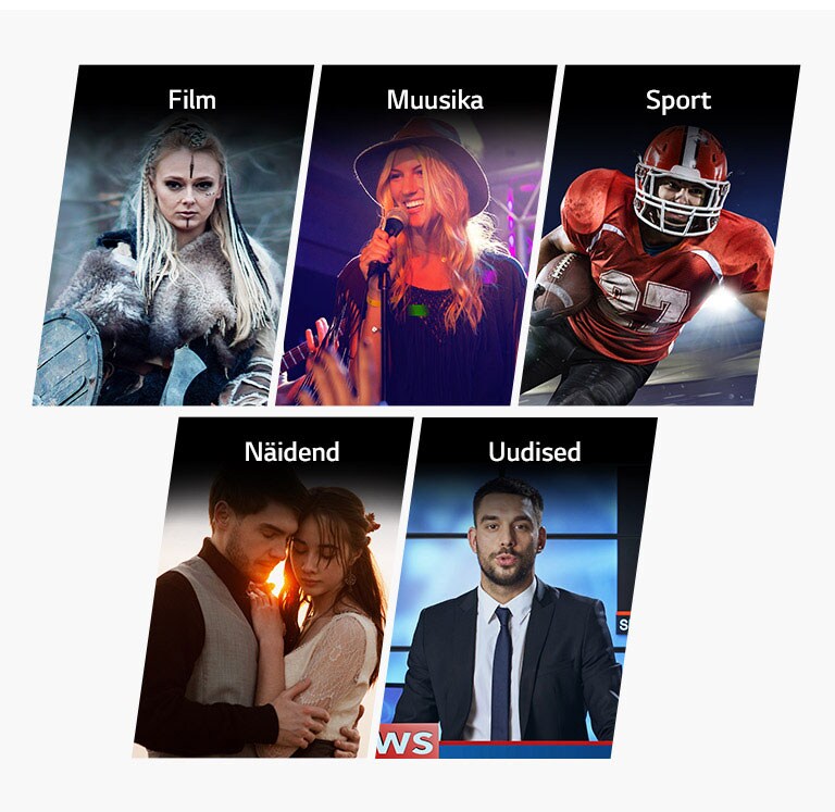 Viis vertikaalset tiitelkaarti kategooriatele film, muusika, sport, näidend ja uudised