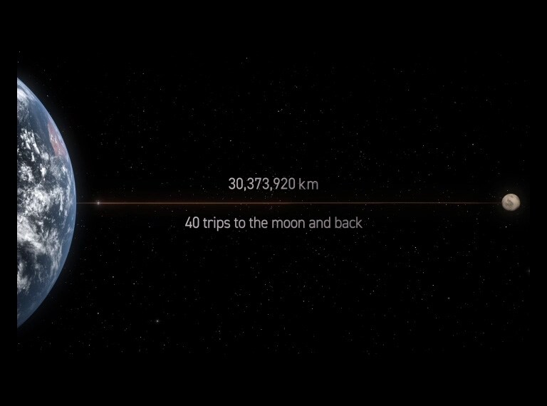 'Kolme videot kuvatakse kõrvuti ja esitatakse samaaegselt. Vasakpoolsel videol on näha Maalt Kuule ühendatud inverteriga DD-mootori mähiseid, mille kogupikkus on 30 373 920 km – piisav 40 edasi-tagasi reisiks. Keskel on kujutatud, kuidas mähised keritakse ümber inverteriga DD-mootori. Parempoolsel videol ilmub AI Core-Techi kiibistik ja ühendub elektroonilise paneeliga, kust levib väljapoole lilla valgus.