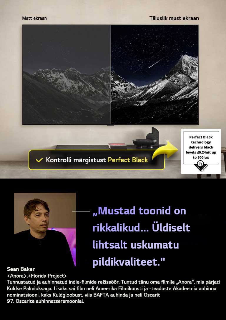 Seinale kinnitatud LG OLED TV teler. Teleriekraanil on mäeahelik, mille taustal on pime tähistaevas. Kogu ekraan on poolitatud. Ühel poolel, tähistatud kui mitte-Perfect Black ekraanikuva, on värvid tuhmid ja hallikad ning tähed on vaevu nähtavad. Teisel poolel, tähistatud kui Perfect Black ekraanikuva, on mustad toonid sügavad ja tumedad ning tähed eredalt valged. Tulemuseks on nauditav, suure kontrastsusega pilt.
