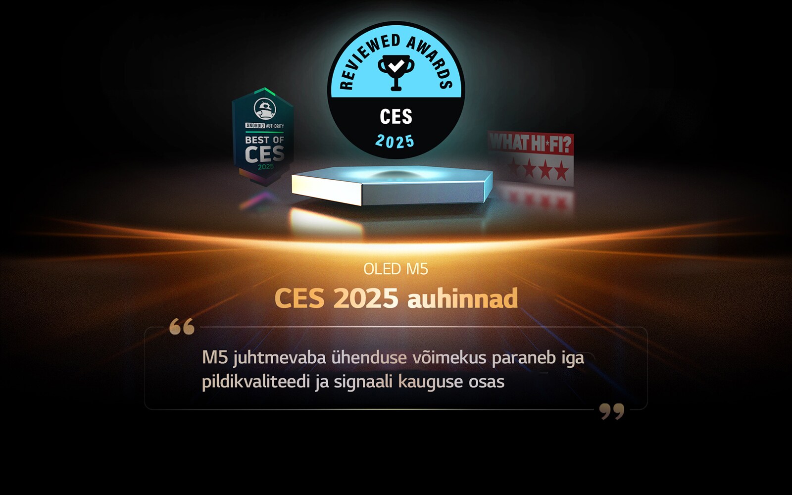 Reviewed OLED M5 auhind. Katkend nende arvustusest räägib sellest, et M5 traadita ühenduse võimekus paraneb iga pildikvaliteedi ja signaali kauguse osas.