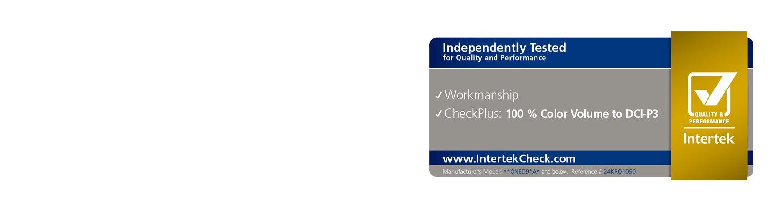Interteki sertifikaat, mis kinnitab, et LG QNED TV on sõltumatult testitud ja vastab DCI-P3 100% värvimahu standardile.