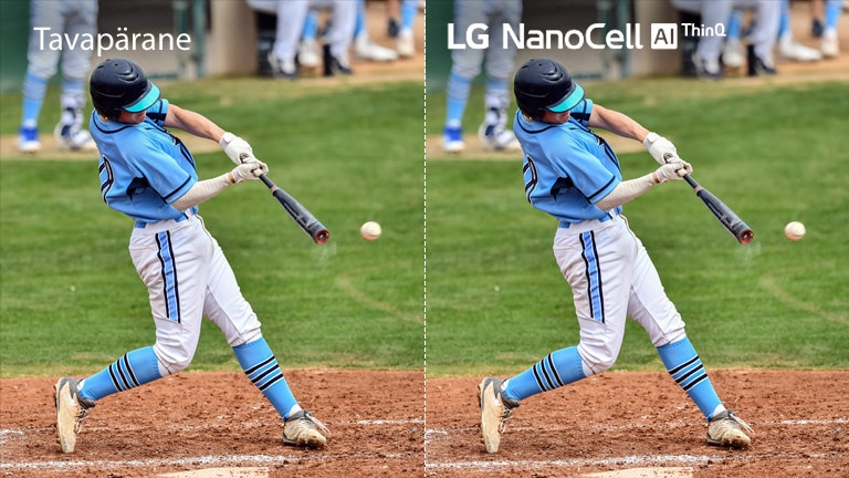 Jalgpallimatši stseen, millest pool on näha uduse pildiga tavapärasel LCD/LED-teleril ning teine pool selge pildiga LG NanoCell-teleril