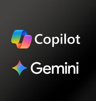 LG QNED evo AI QNED81 Mini LED koos auhinnatud Multi AI webOS-iga on esitatud tumedal taustal, millel on kuvatud Microsoft Copilot ja Google Gemini logod, mis näitavad teleriliidese kaudu kättesaadavate AI-teenuste tuge.
