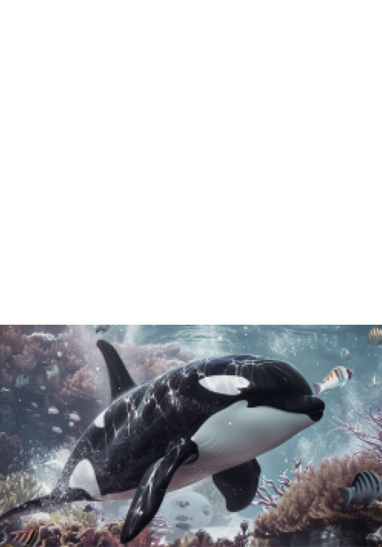 LG QNED evo AI QNED81 Mini LED koos 4K Super Upscaling'iga näitab korallrifi ja kalade kohal ujuvat orkat, kuna AI skaleerib iga kaadri 4K kvaliteedi suunas, seejärel suumib välja, paljastades lähedalt vaatava lapse, kes on sukeldunud erksatesse detailidesse.