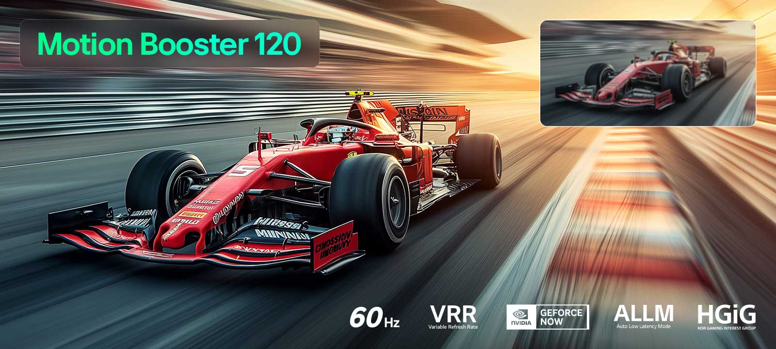 LG QNED evo AI QNED81 Mini LED koos Ultimate Gameplayga kuvab elava ja kiire võidusõidustseen koos võrdlusinsetiga, mis toob esile Motion Booster 120, toetades samal ajal 60 Hz, VRR, ALLM, HGiG ja GeForce NOW.