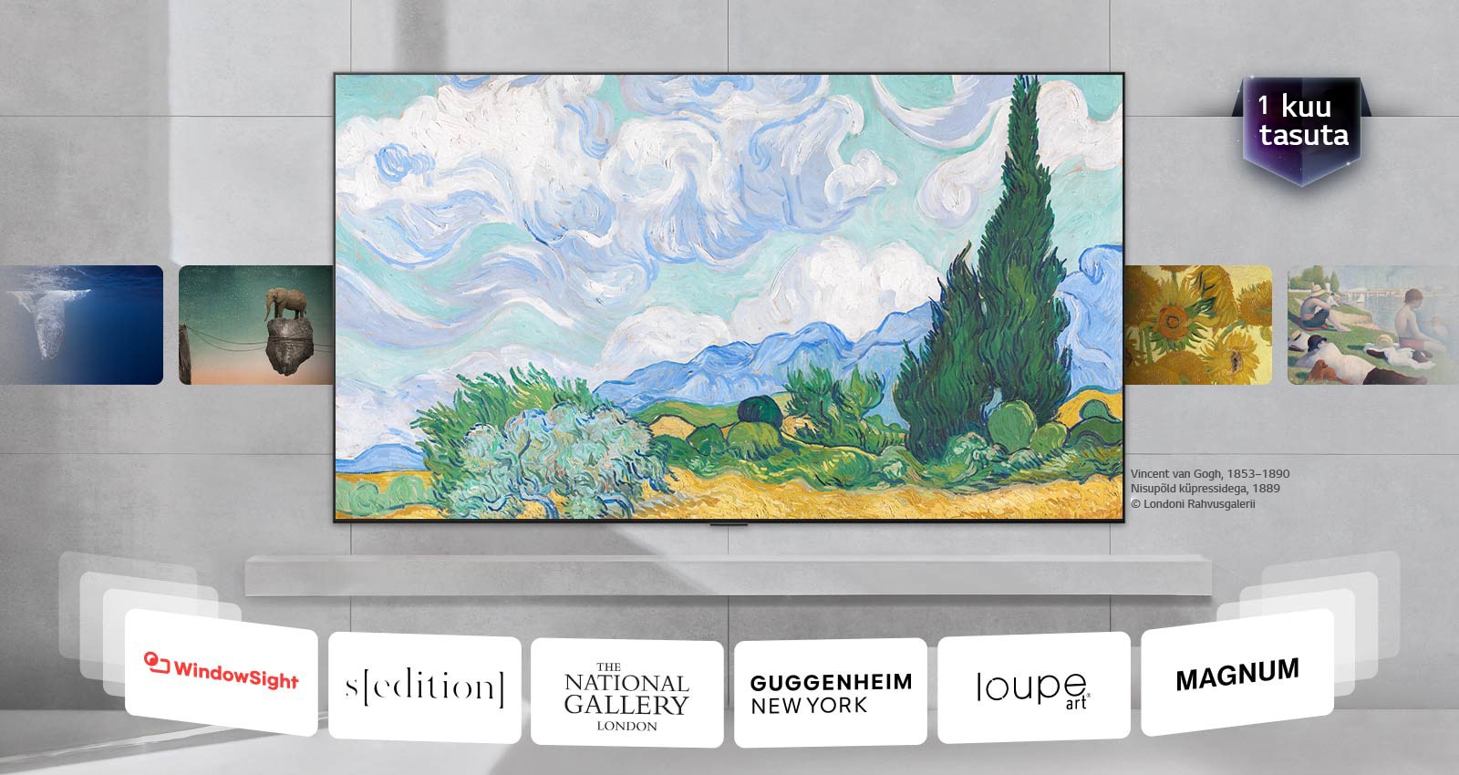 LG QNED evo AI QNED82 Mini LED koos LG Gallery+'ga kuvab kodusisustuses kureeritud kunstiteoseid, mis vahelduvad rotatsioonis, koos partnermuuseumide viidete ja sõnumiga „1 kuu tasuta". 