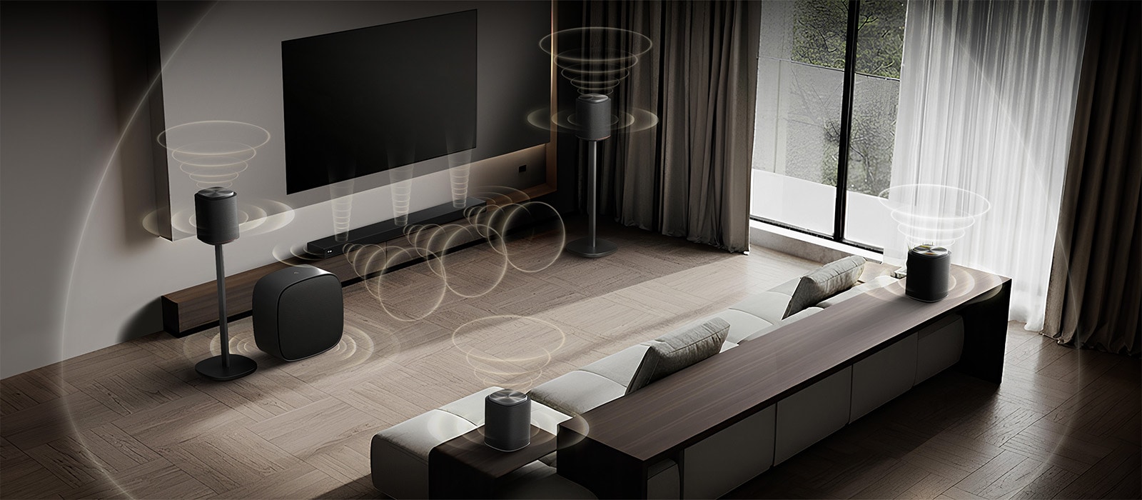 LG QNED evo QNED82 Mini LED koos Sound Suite'i ja DAFC-ga (Dolby Atmos FlexConnect) näitab suurt ruumi, kus on erinevas kohas erinevat tüüpi kõlarid, illustreerides Sound Suite'i paindlikkust ja kohandatavust.