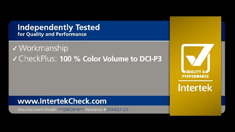 Intertek sertifikaadi kleebis toob esile, et LG QNED evo AI on Intertek poolt sertifitseeritud „100% Color Volume to DCI-P3“ standardile vastavuse eest.