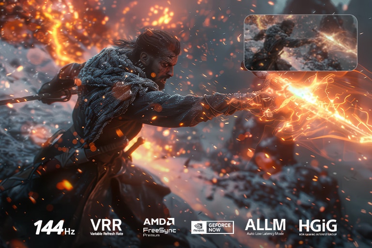 LG QNED evo AI Mini LED QNED90 koos Ultimate Gameplayga kuvab intensiivse mõõgavõitluse märulistseeni koos võrdlusinsetiga, mis toob esile sujuvama liikumise, toetades samal ajal 144Hz, VRR, AMD FreeSync, ALLM, HGiG ja GeForce NOW.	