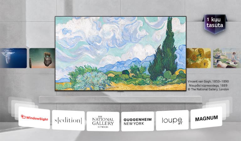 LG QNED evo AI Mini LED QNED90 koos LG Gallery+'ga kuvab kodusisustuses kureeritud kunstiteoseid, mis vahelduvad rotatsioonis, koos partnermuuseumide viidete ja sõnumiga „1 kuu tasuta". 	