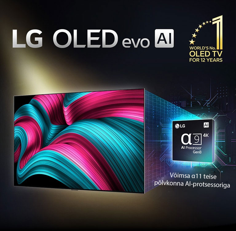 LG OLED evo AI TV teleri ekraanil on abstraktne pilt ohtrate detailide, värvide ja suure kontrastiga. Teleri taga on Gen8 alpha 9 AI-protsessori suurendatud versioon. See helendab ja valgustab selle ümber olevaid mikrokiibi ahelaid. Selle pealkiri on LG OLED evo AI. Nähtaval on ka tekst „võimaldab LG Gen8 alpha 9 protsessor.“ Nurgas on tähekestega kuldne logo, millel on kirjas „12 aastat maailma nr. 1 OLED TV teler“. 