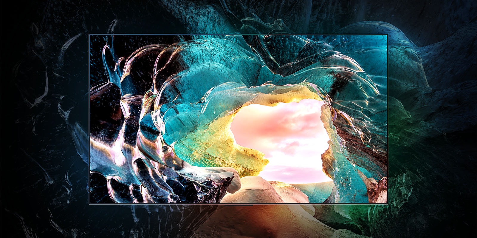 LG OLED M5 TV teleri ekraan näitab taeva taustal koopa sisemust. Muljet avaldavad üksikasjad näitavad visuaalsete kadudeta 4K kvaliteeti. 