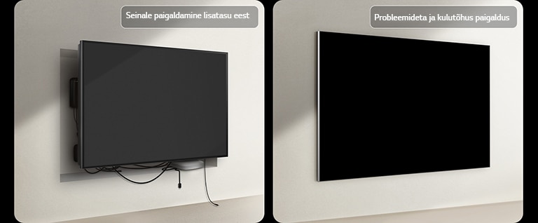 Juhtmega teleri ja LG True Wireless TV teleri paigalduste võrdlus. Juhtmeta teleri poolel läheb vaja lisakonstruktsiooni, et varjata kõiki teleri taga olevaid seadmeid. Korratu paigutus ja juhtmed on endiselt vahedest näha. Sildil on kirjas „seinale paigaldamine lisatasu eest“. LG True Wireless TV teleri poolel on näha puhtalt seinale paigaldatud telerit. Ühtegi juhet ega seadet pole näha. Sildil on kirjas „probleemideta ja tasuta paigaldus“. 