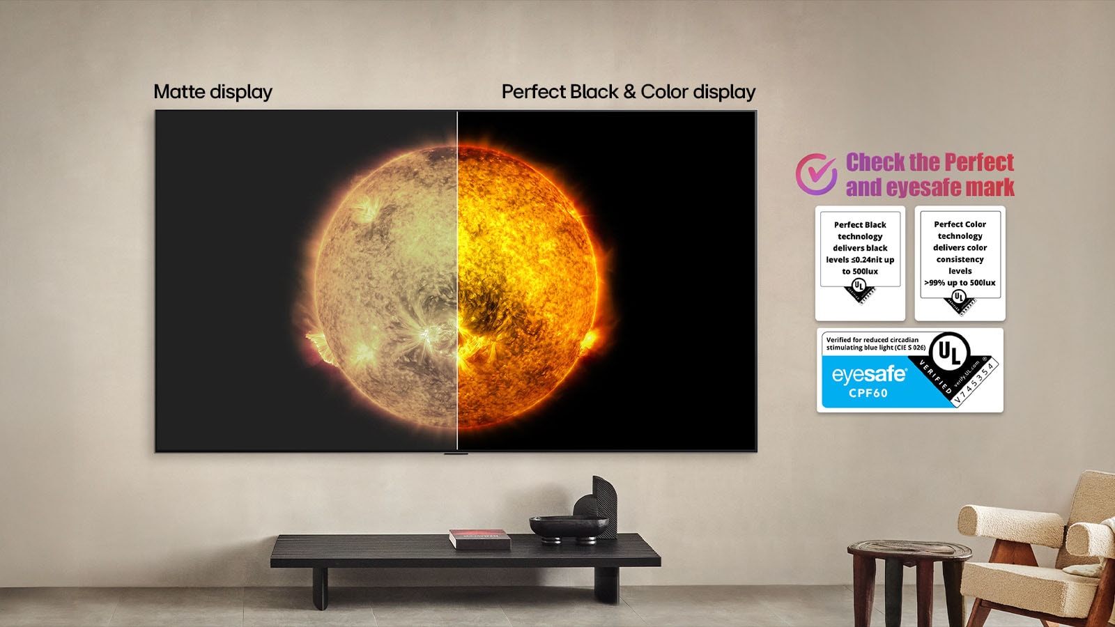 LG OLED TV kuvab visuaalset võrdlust Perfect Color ja Perfect Black funktsioonidega ekraani ning ilma nende funktsioonideta ekraani vahel. Nähtavad on UL-i ja Eyesafe’i sertifikaadid koos üleskutsega märgistusi kontrollida.