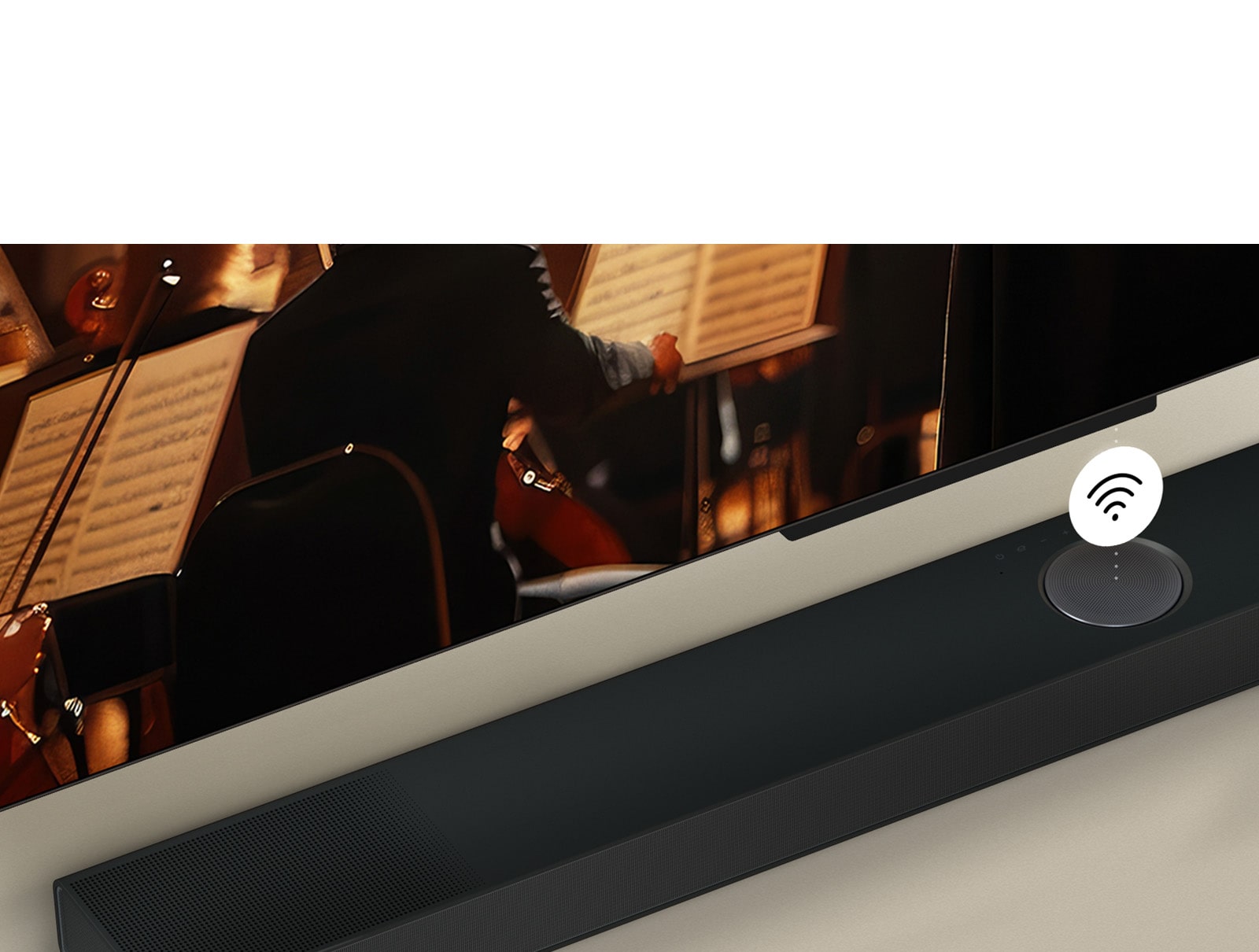 Lähivõte LG TV telerist LG Soundbar ribakõlari kohal, mille peal hõljub WIFI sümbol.
