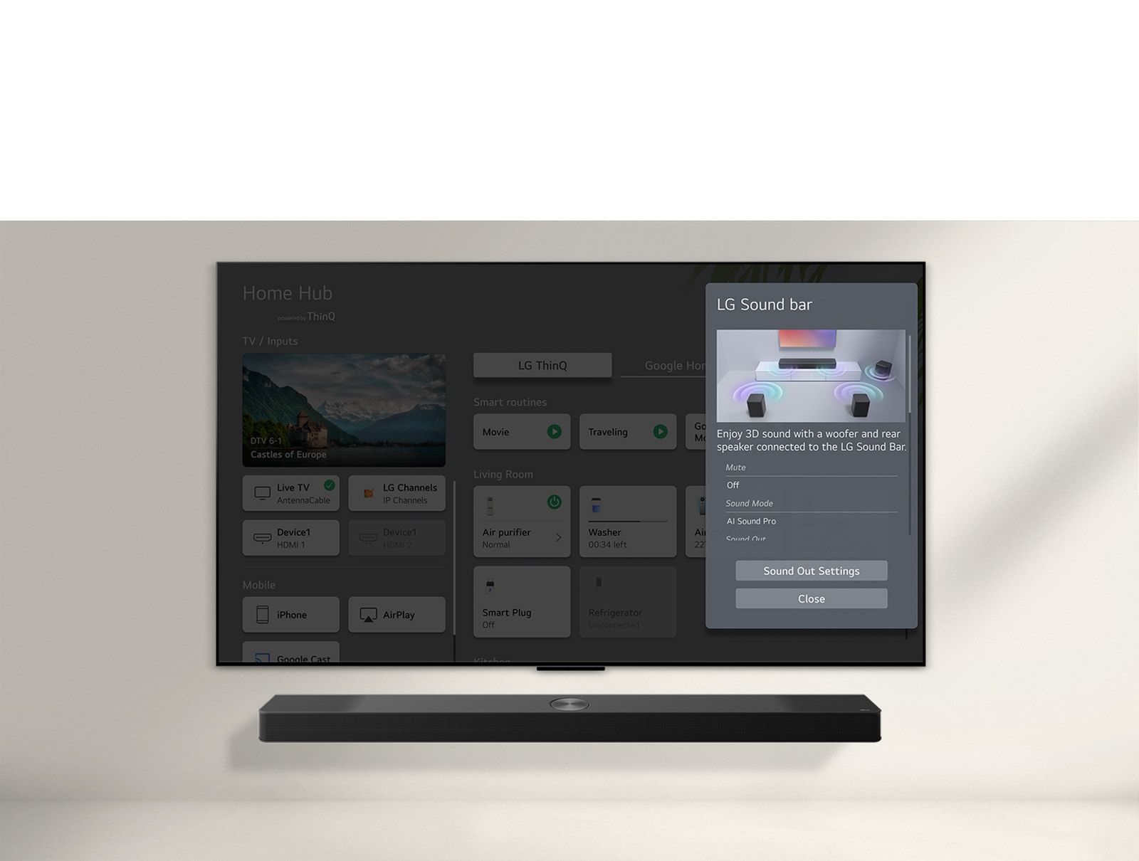 LG Soundbar paikneb LG OLED TV teleri all. Teleriekraanil on soundbari ja teleri helitugevuse nuppude kasutajaliides. 