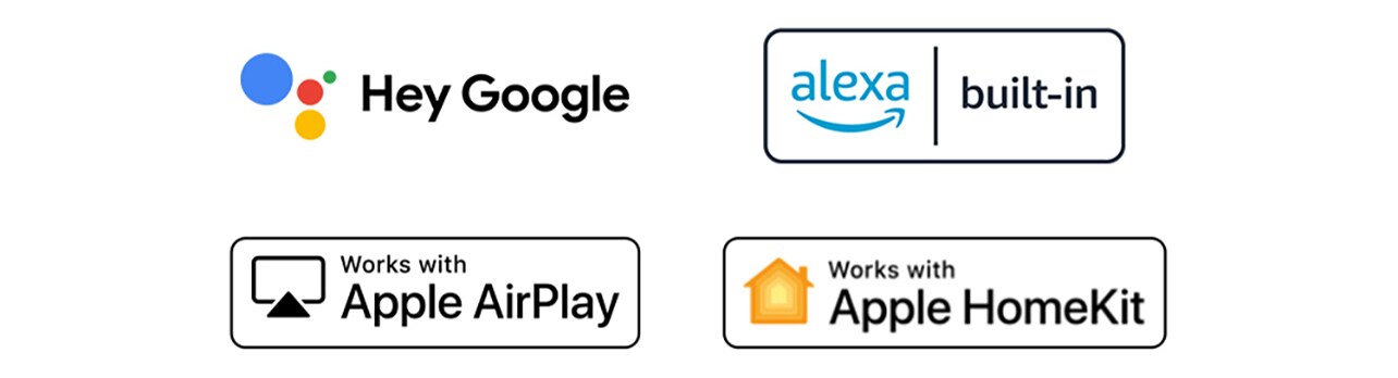 Detailid, mis näitavad Hey Google'i, Alexa, Apple Airplay ja Apple HomeKiti logosid, millega ThinQ AI ühildub.