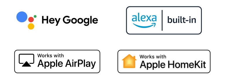 Detailid, mis näitavad Hey Google'i, Alexa, Apple Airplay ja Apple HomeKiti logosid, millega ThinQ AI ühildub.