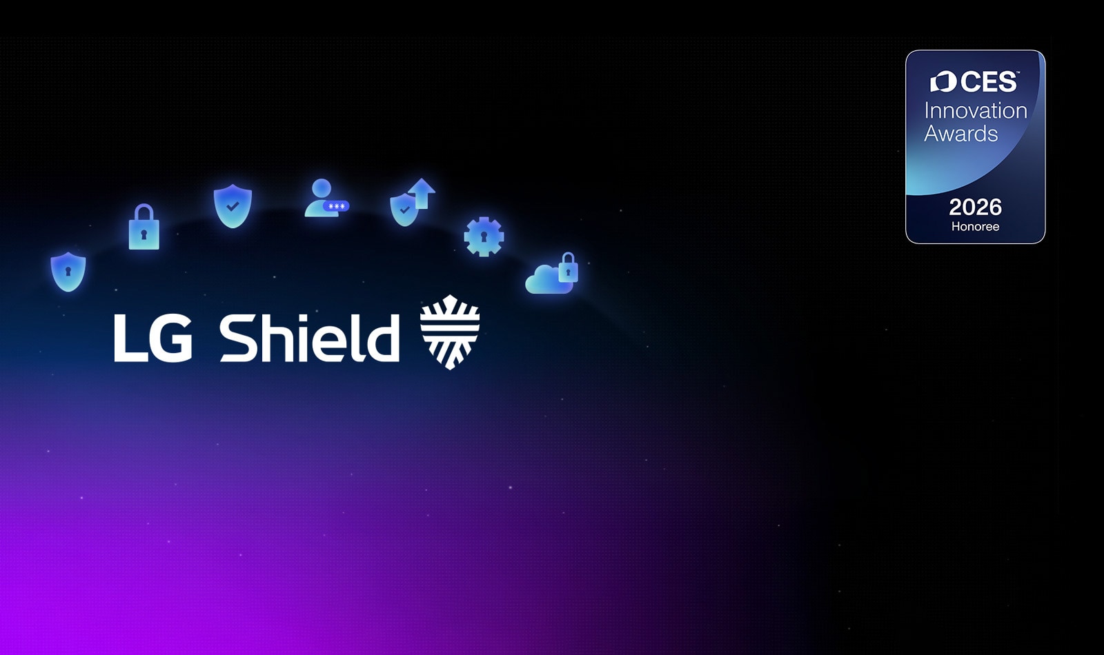 LG Shieldi embleem on näidatud tumedal taustal koos turvaikoonidega, rõhutades webOS-i kaitset privaatsuse, andmeturvalisuse ja süsteemi terviklikkuse jaoks. Samuti on näidatud CES Innovation Awards 2026 Honoree märgis.	