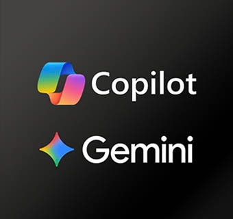 LG Mini RGB evo AI MRGB85 koos auhinnatud Multi AI webOS-iga on esitatud tumedal taustal, millel on kuvatud Microsoft Copilot ja Google Gemini logod, mis näitavad teleriliidese kaudu kättesaadavate AI-teenuste tuge.