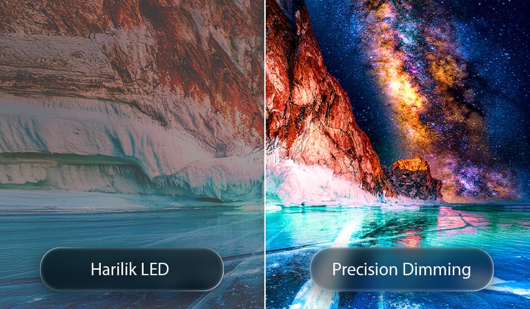 LG Mini RGB evo AI MRGB85 toob Precision Dimmingu esile jagatud pildiga, kus vasakul on tavapärane LED ja paremal sügavamad mustad ning parem kontrastsuse määratlus, mida juhib alpha 8 AI protsessor.