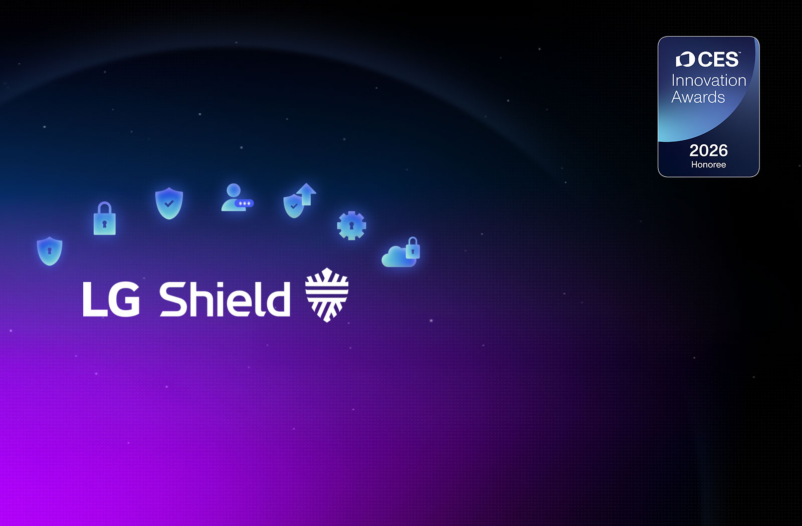 LG Shieldi embleem on näidatud tumedal taustal koos turvaikoonidega, rõhutades webOS-i kaitset privaatsuse, andmeturvalisuse ja süsteemi terviklikkuse jaoks. Samuti on näidatud CES Innovation Awards 2026 Honoree märgis.