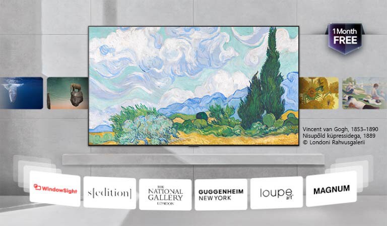 LG Mini RGB evo AI MRGB85 koos LG Gallery+-iga kuvab kureeritud kunstiteoseid kodusisustuses, millel on keskel Vincent van Goghi „A Wheatfield, with Cypresses", koos partnermuuseumide viidetega ja sõnumiga „1 kuu tasuta".