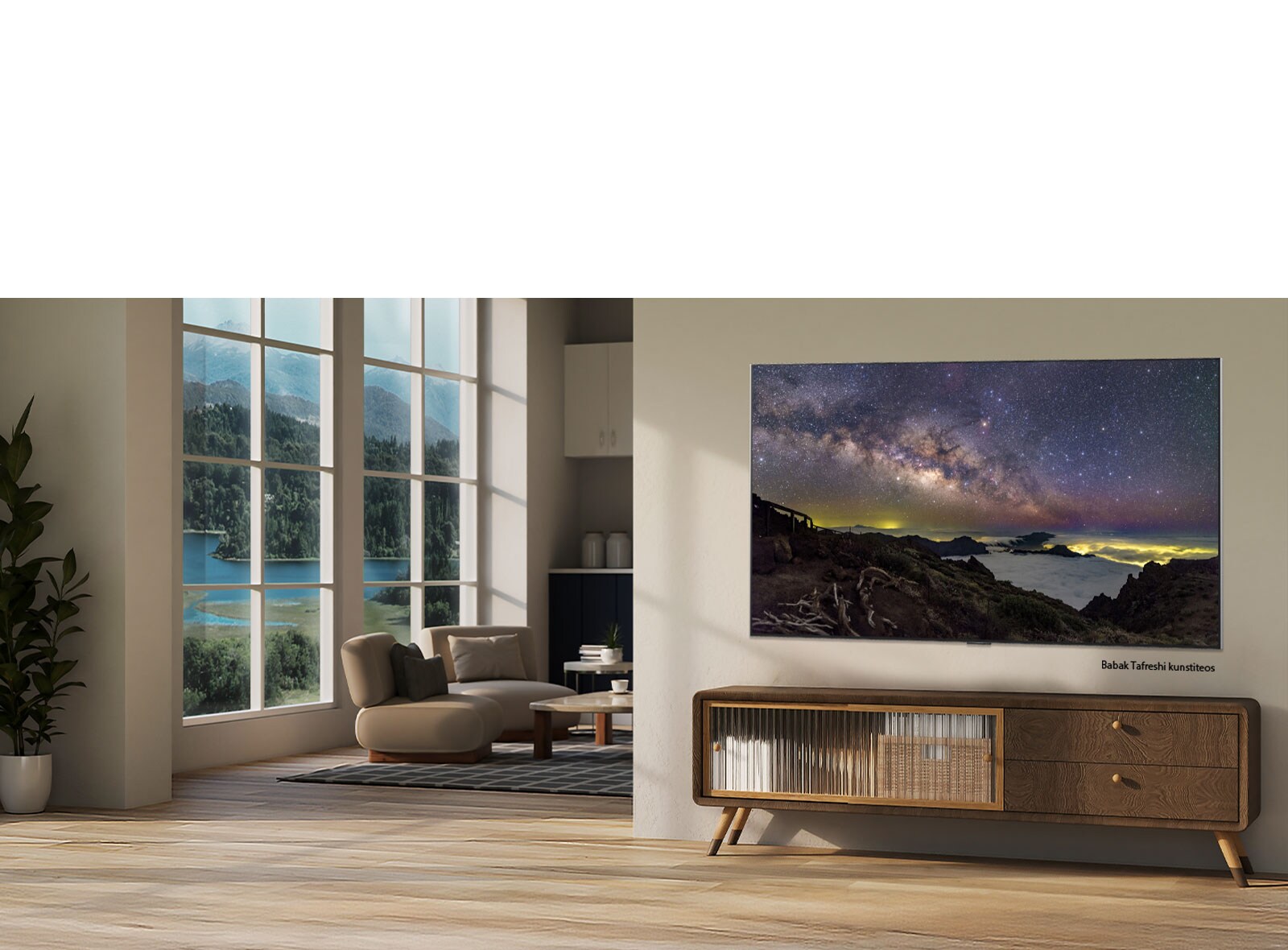 LG Mini RGB evo AI MRGB85 koos LG Gallery+-ga, pakkudes mitmekesist kunstisisu, kuvab Babak Tafreshilt pärit öise taeva maastikuteose kaasaegses elutoas osana teleri kureeritud kunstikogemusest.