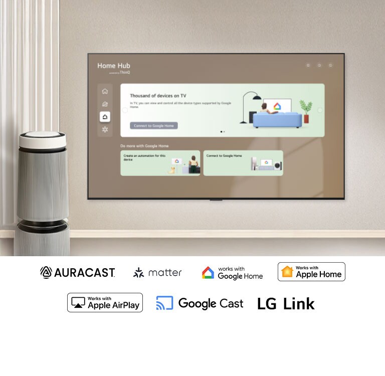 LG Mini RGB evo AI MRGB85 koos Smart Connectivity'ga kuvab ekraanil Home Hub'i liidese, näidates ühendusi Google Home'i ja LG ThinQ'ga, koos paneelide teleri, seadmete ja rakenduste jaoks ühes juhtimispaigutuses.