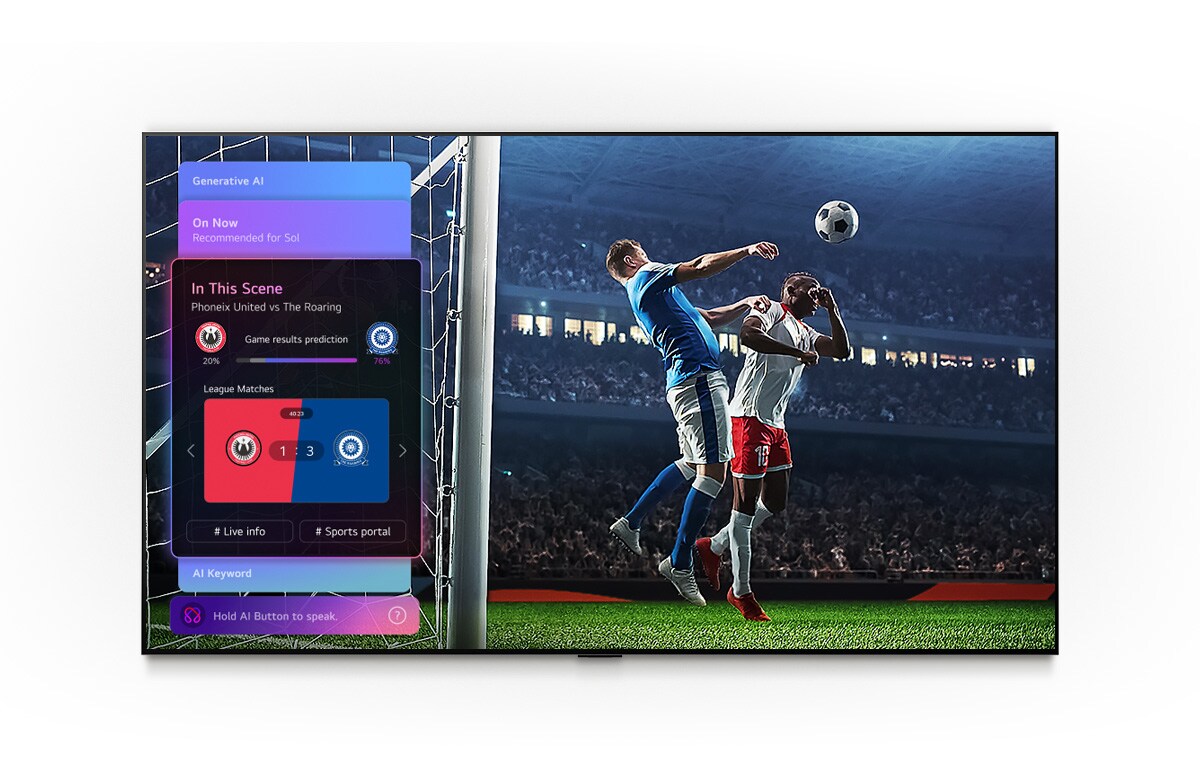 LG Mini RGB evo AI MRGB85 koos TruMotioniga toob esile liikumise silumise poolitatud ekraanil jalgpallistseenis, vastandades hägust tegevust TruMotion väljalülitatult ja teravat, selget liikumist TruMotion sisselülitatult, rõhutades selgust kiires spordis.