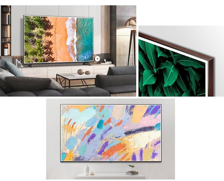 Kolm eebenipuust pildiraamiga pilti stiilses ja naturaalses interjööris seinale paigaldatud LG QNED Mini LED -telerist.