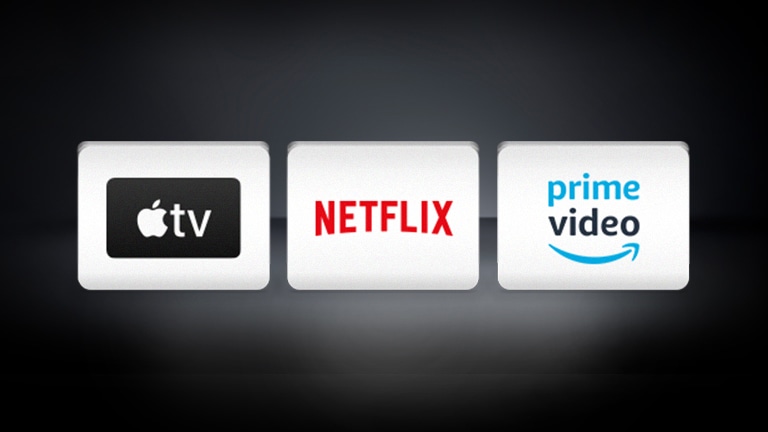 LG Netflixi logo, Apple TV ja Amazon Prime Video logo on mustal taustal horisontaalselt paigutatud.