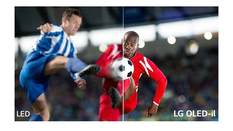 Jalgpallimängu stseen on jagatud visuaalseks võrdluseks kaheks. Pildil on all vasakul tekst LCD/LED ja all paremal LG OLED logo.