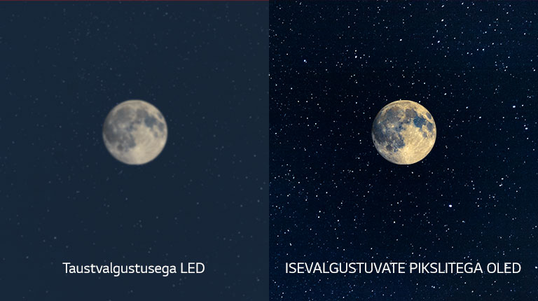 Kuu stseen, vasakul küljel ähmase mustaga LED ja paremal perfektse mustaga OLED (esita video)