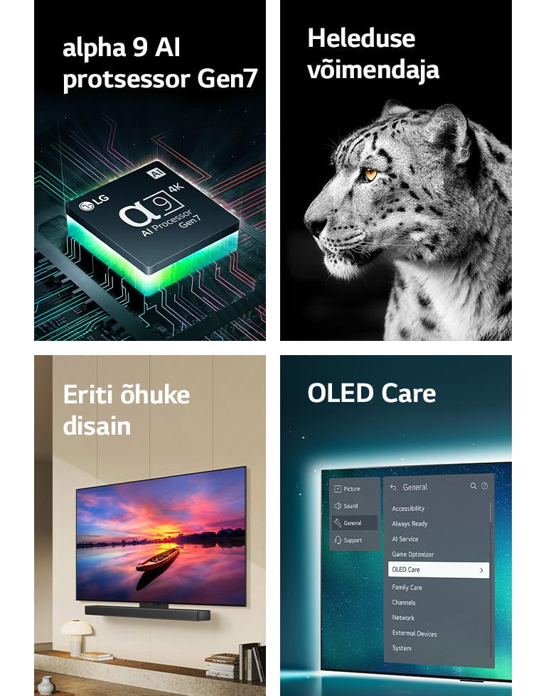 LG alfa 9 AI protsessor Gen7 emaplaadi peal, kiirgab rohelisi välgunooli.  Heleduse tugevdaja valge leopardi küljepildiga.  Üliõhuke ja LG ribakõlari jaoks valmis, kuna need asetatakse tänapäevases eluruumis seina äärde.  OLED Care menüüga OLED TV valitakse ekraanil üleval olevas tugimenüüs.