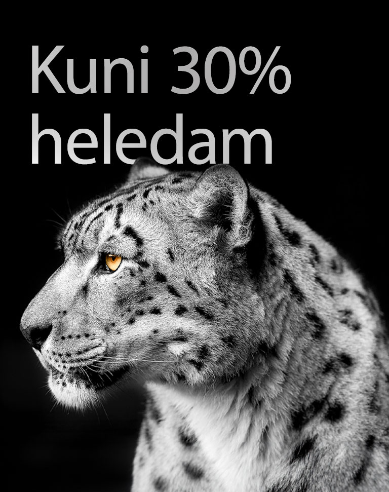 Valge leopard, mis näitab kujutise vasakus servas oma külge. Vasakul on sõnad "Up to 30% brighter" (Kuni 30% heledam).