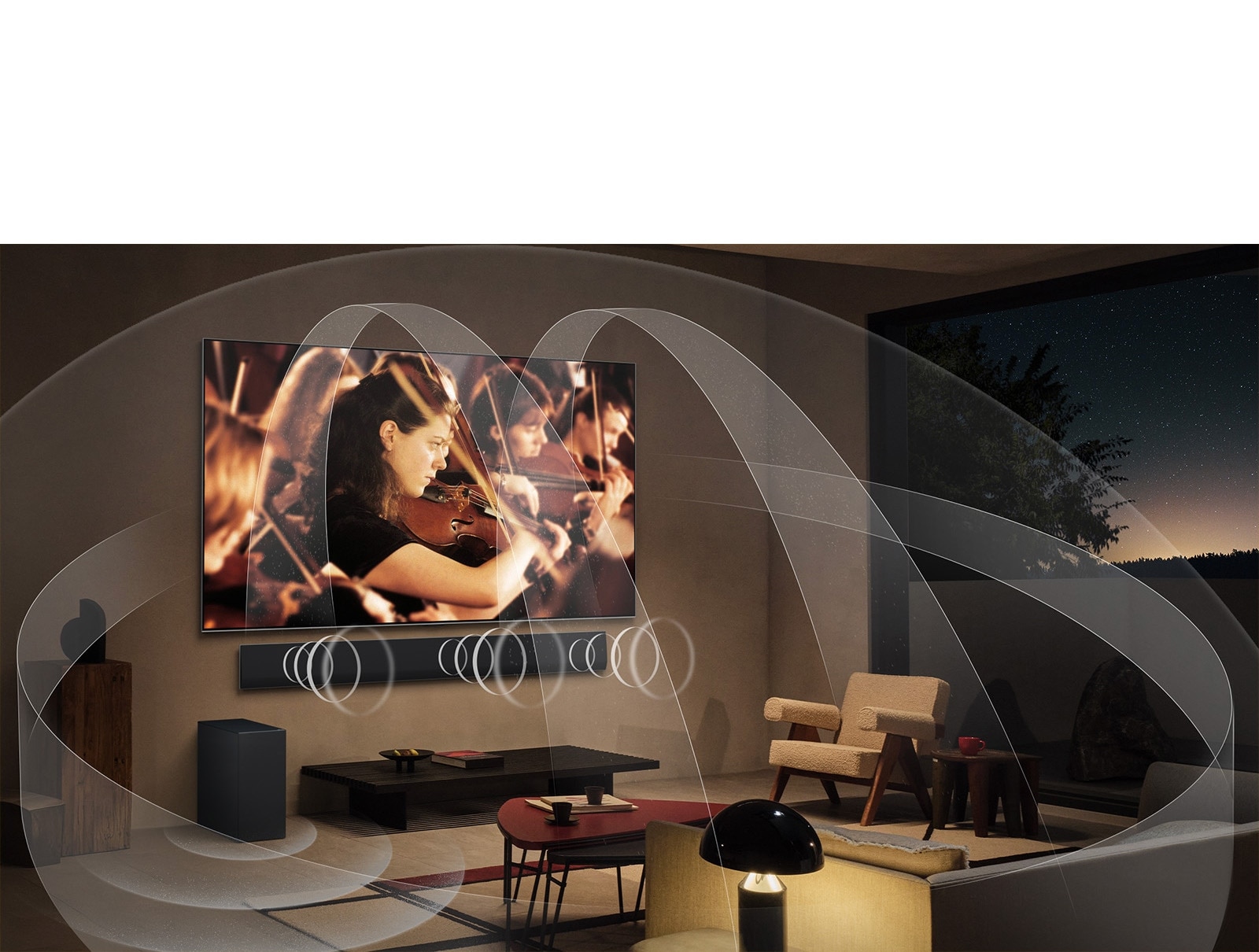 Elutuba LG OLED TV teleri ja LG Soundbariga, ning graafika näitab, kuidas mõlemad seadmed täidavad toa ruumilise heliga.