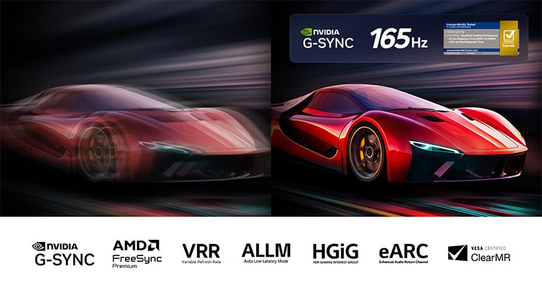 Kaks kõrvuti pilti autost videomängus. Ühel pildil paistab suur liikumishägu. Teine on terav ja fookuses, mis demonstreerib LG OLED TV teleri kõrget kaadrisagedust. Nvidia G-Sync logo, 165 Hz logo, Interteki 0,1 ms reaktsiooniaja sertifikaat ja muud asjakohased sertifikaadid on samuti näha.