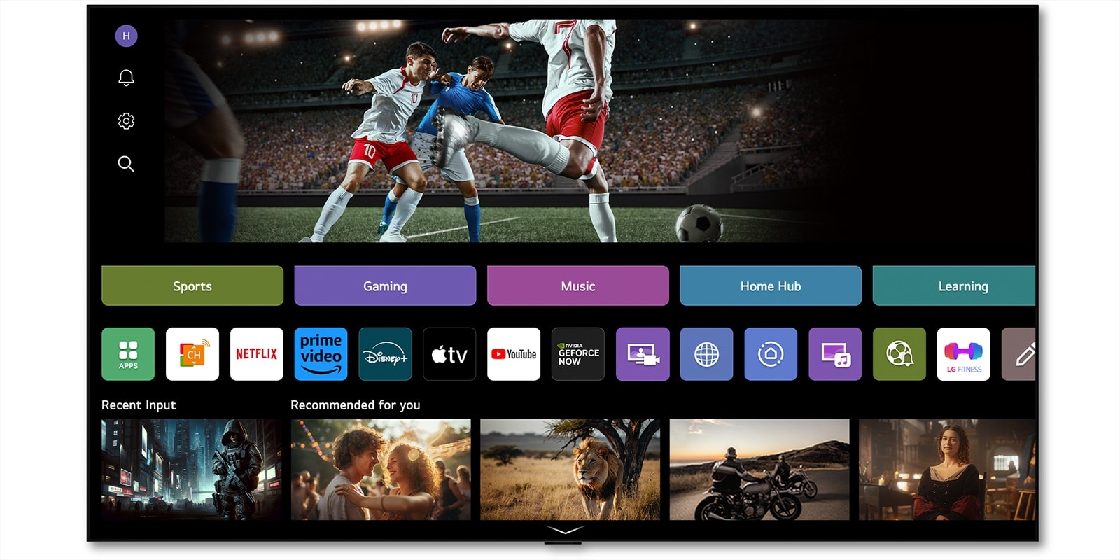 LG Channelsi avaekraan, mis näitab LG TV teleris saadaolevat sisu. 
