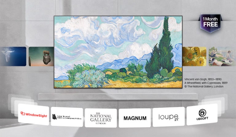LG OLED evo AI C6 with LG Gallery+ displays curated artwork—space-themed visuals, Korean-style paintings, and scenic landscapes—cycling through each piece on screen. 