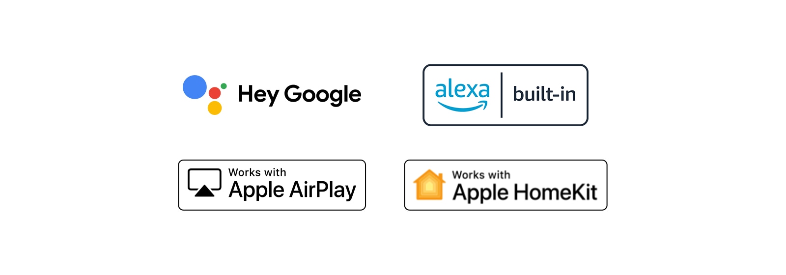 Kuvatakse neli logot, mis liiguvad järjestiku – Hey Google, sisseehitatud Alexa, töötab Apple AirPlay’ga, töötab Apple HomeKitiga.