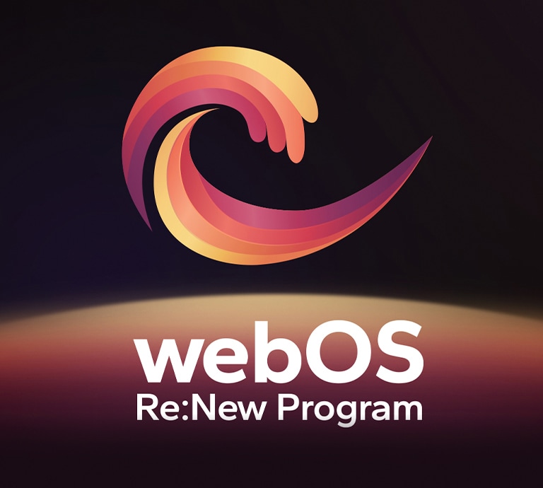 webOS Re:New Program logo on mustal taustal, mille allosas on kollane, oranž ja lilla ümmargune sfäär.